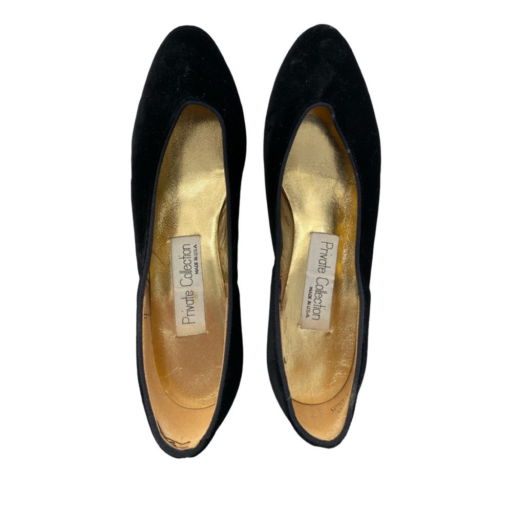 Vintage Black Velvet Heels “Private Collection”, 90’s almond toe low wedge pumps